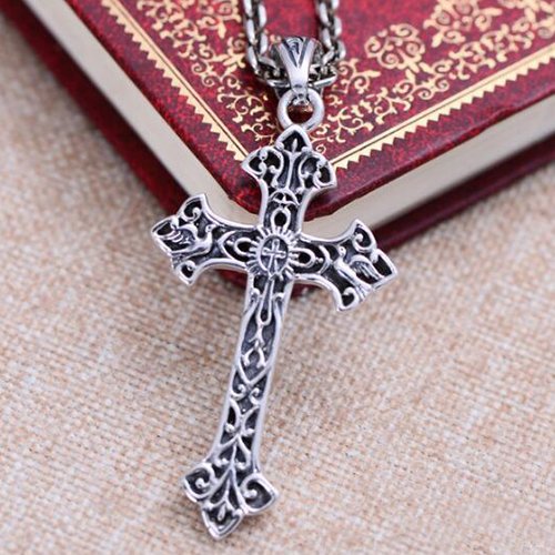 Men's Sterling Silver Carved Cross Necklace with Sterling Silver Anchor Link Chain 18"-30"