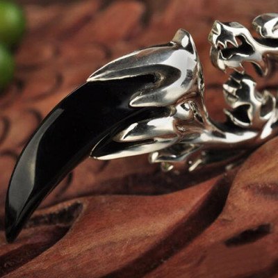Men's Sterling Silver Black Agate Dragon Necklace