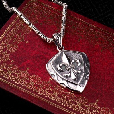 Men's Sterling Silver France Fleur de lis Shield Necklace with Sterling Silver Tubes Chain 18"-24"