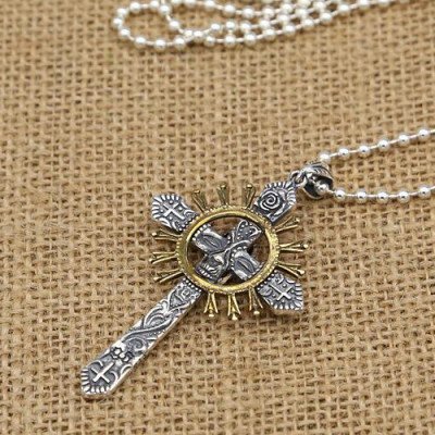 Men's Sterling Silver Skull Cross Necklace with Sterling Silver Bead Chain 18"-30"