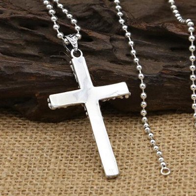 Men's Sterling Silver Flower Cross Necklace with Sterling Silver Bead Chain 18"-30"