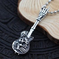 Men's Sterling Silver Skull Guitar Necklace with Sterling Silver Bead Chain 18"-30"