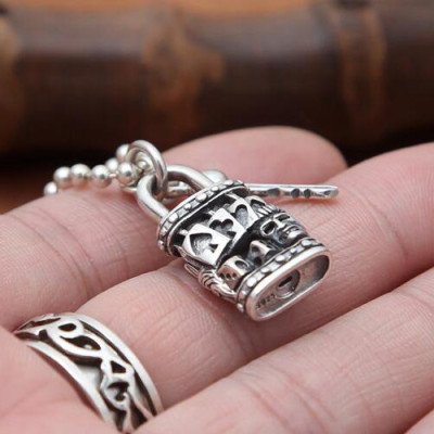 Men's Sterling Silver Skull Key and Lock Necklace