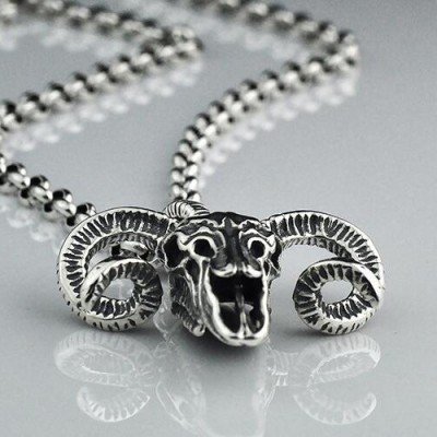 Men's Sterling Silver Sheep Skull Necklace with Sterling Silver Rolo Chain 18"-30"