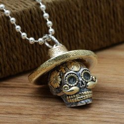 Men's Sterling Silver Sombrero Skull Necklace