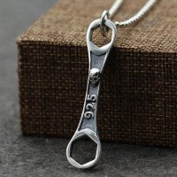 Men's Sterling Silver Skull Wrench Necklace with Sterling Silver Bead Chain 18"-30"