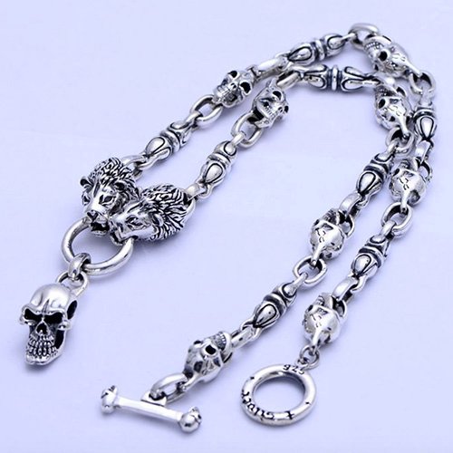 Men's Sterling Silver Lions and Skull Necklace 24”