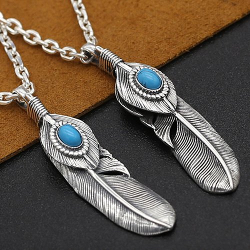 Men's Sterling Silver Turquoise Feather Necklace