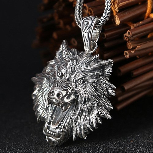 Men's Sterling Silver Wolf Head Necklace with Sterling Silver Wheat Chain 18”-30”