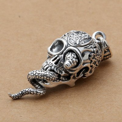Men's Sterling Silver Snake Skull Necklace with Sterling Silver Bead Chain 18”-30”