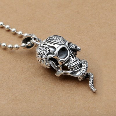 Men's Sterling Silver Snake Skull Necklace with Sterling Silver Bead Chain 18”-30”