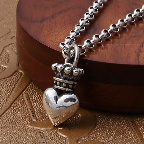 Men's Sterling Silver Crown Heart Necklace with Sterling Silver Rolo Chain 18”-30”