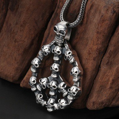 Men's Sterling Silver Skulls Anti-War Necklace with Sterling Silver Wheat Chain 18”-30”