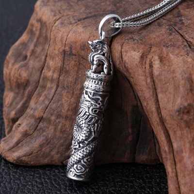 Men's Fine Silver Dragon Cylinder Necklace with Sterling Silver Wheat Chain 18”-30”