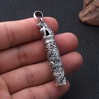 Men's Fine Silver Dragon Cylinder Necklace with Sterling Silver Wheat Chain 18”-30”