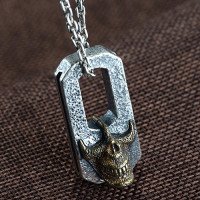 Men's Sterling Silver Double Skull Necklace with Sterling Silver Anchor Link Chain 18”-30”