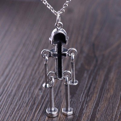 Men's Sterling Silver Screw Robot Necklace with Sterling Silver Anchor Link Chain 18”-30”