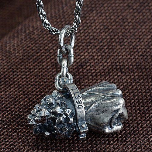 Men's Sterling Silver Destiny Fist Necklace with Sterling Silver Rope Chain 18”-28”