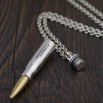 Men's Sterling Silver Bullet Necklace with Sterling Silver Anchor Link Chain 18”-30”