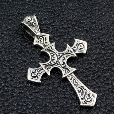 Men's Sterling Silver Fleur Cross Necklace With Sterling Silver Bead Chain 18"-30"