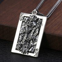 Men's Sterling Silver Poker King Skull Necklace with Sterling Silver Wheat Chain 18”-30”