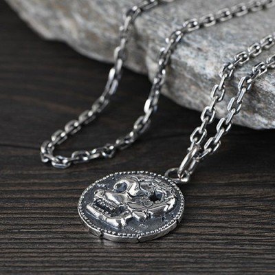 Men's Sterling Silver Skull Tag Necklace with Sterling Silver Anchor Link Chain 18”-30”