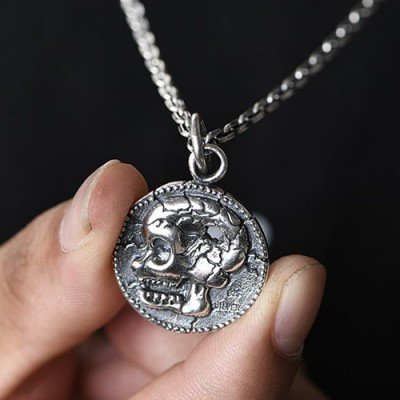 Men's Sterling Silver Skull Tag Necklace with Sterling Silver Anchor Link Chain 18”-30”