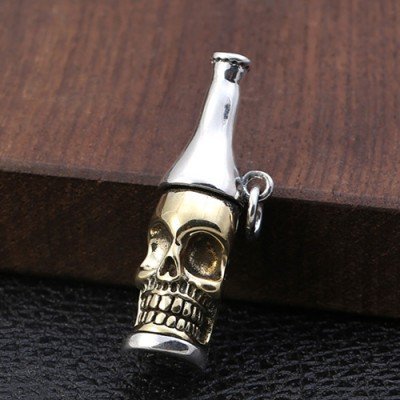Men's Sterling Silver Bottle Skull Necklace with Sterling Silver Wheat Chain 18”-30”