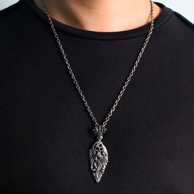 Men's Sterling Silver Witch Skull Necklace with Sterling Silver Anchor Link Chain 18”-28”