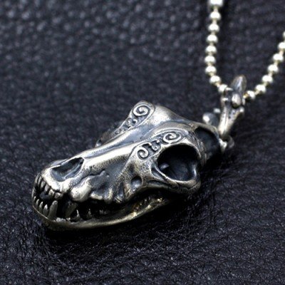 Men's Sterling Silver Wolf Skull Necklace with Sterling Silver Bead Chain 18”-30”