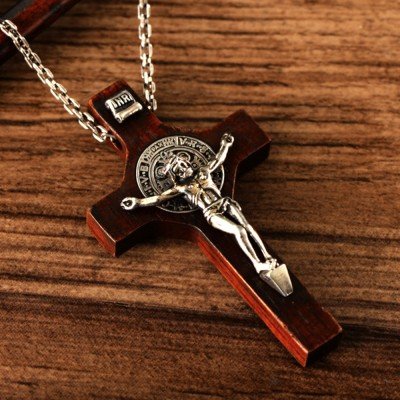 Men's Sterling Silver Sandalwood INRI Cross Necklace with Sterling Silver Anchor Link Chain 18”-30”