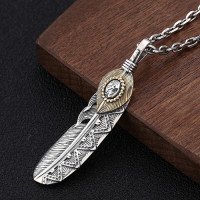 Men's Sterling Silver Indian Pattern Feather Necklace with Sterling Silver Anchor Link Chain 18”-30”