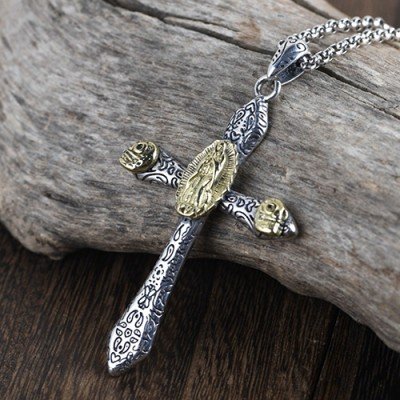 Men's Sterling Silver Virgin Mary Cross Necklace with Sterling Silver Rolo Chain 18”-30”