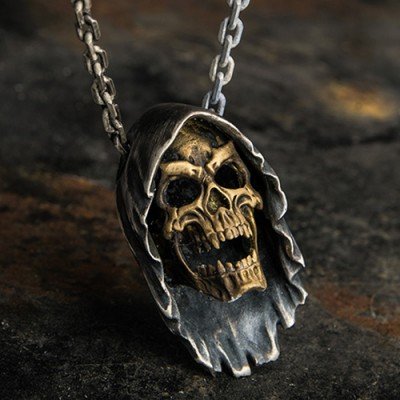Men's Fine Silver Grim Reaper Skull Necklace with Sterling Silver Anchor Link Chain 18”-30”