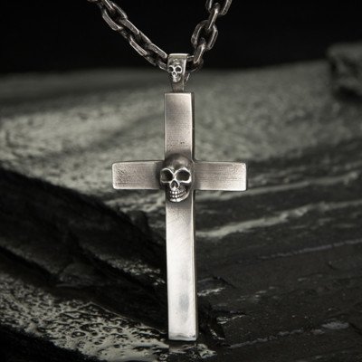 Men's Fine Silver Skull Cross Necklace with Sterling Silver Anchor Link Chain 18”-30”