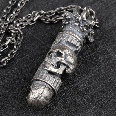 Men's Sterling Silver Skull Bullet Necklace with Sterling Silver Anchor Link Chain 18”-30”