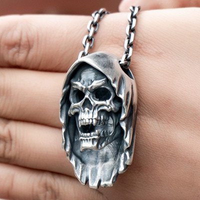 Men's Fine Silver Grim Reaper Skull Necklace