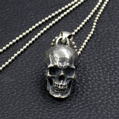 Men's Sterling Silver Skull Pendant Necklace with Sterling Silver Bead Chain 18”-30”
