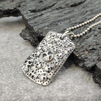 Men's Sterling Silver Skulls Tag Necklace with Sterling Silver Bead Chain 18”-30”