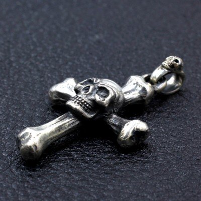 Men's Sterling Silver Skull Cross Necklace with Sterling Silver Bead Chain 18”-30"