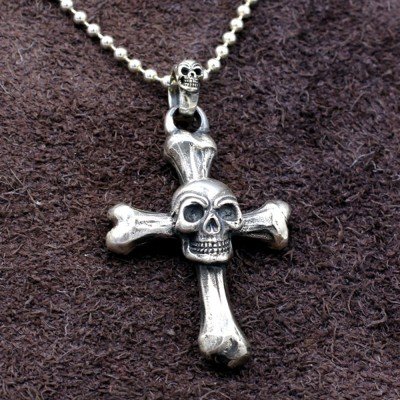 Men's Sterling Silver Skull Cross Necklace with Sterling Silver Bead Chain 18”-30"