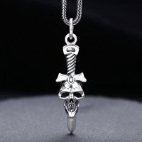 Men's Sterling Silver Sword Skull Necklace with Sterling Silver Wheat Chain 18”-30"