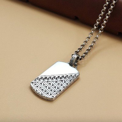 Men's Sterling Silver Chain Pattern Tag Necklace with Sterling Silver Rolo Chain 18”-30"
