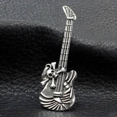 Men's Sterling Silver Skull Guitar Necklace with Sterling Silver Bead Chain 18”-30"