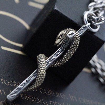 Men's Sterling Silver Snake Cross Necklace