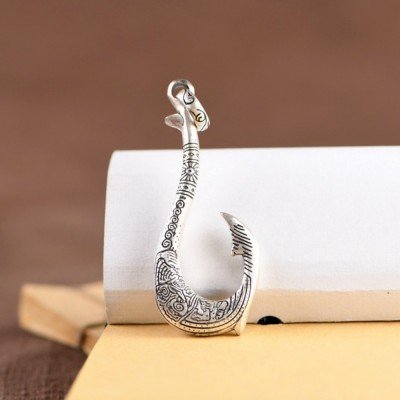 Men's Sterling Silver Fish Hook Necklace with Sterling Silver Rolo Chain 18”-30"