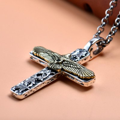 Men's Sterling Silver Eagle Cross Necklace with Sterling Silver Rolo Chain 18”-30"