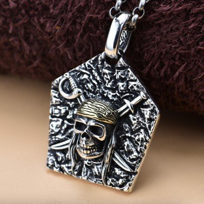 Men's Sterling Silver Pirate Skull Necklace with Sterling Silver Rolo Chain 18”-30"