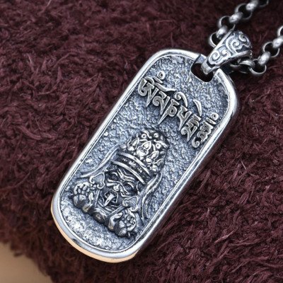 Men's Sterling Silver Zakiram Tibetan God of Wealth Necklace with Sterling Silver Rolo Chain 18”-30"