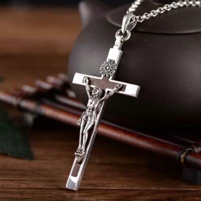 Men's Sterling Silver Sandalwood Crucifix Necklace with Sterling Silver Rolo Chain 18”-30"